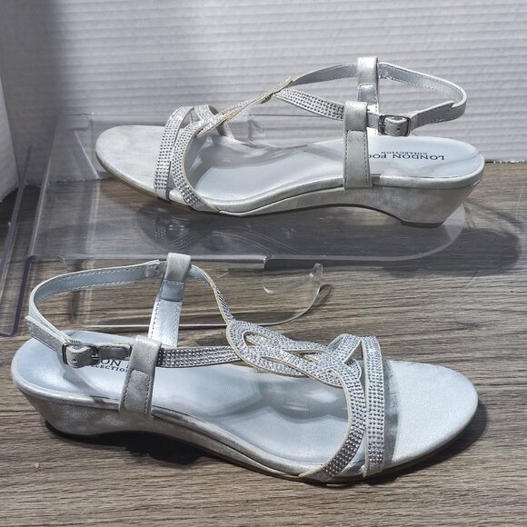 LONDON FOG Macey Demi-Wedge Dress Sandals size 8.5 silver with rhinestones - Picture 2 of 13